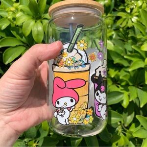 Hello Kitty & Friends My Melody Kuromi Keroppi 16oz Glass Cup Tumbler